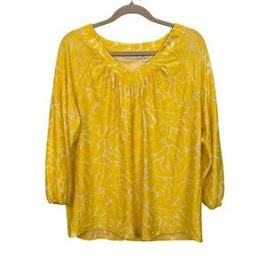 Susan Graver Sunny Yellow White Mixed Media Blouse V-Neck Elastic Cuff‎ Sz L